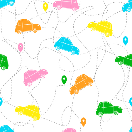 Seamless pattern with colorful cars on the white background. Vector illustrationのイラスト素材