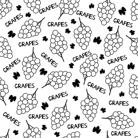 Seamless pattern with black grapes, leaves and words Grapes on the white background. Vector illustrationのイラスト素材
