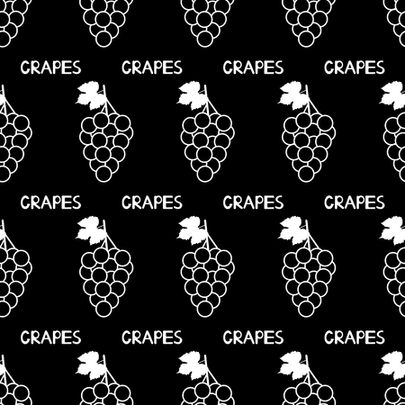Seamless pattern with white grapes, leaves and words Grapes on the black background. Vector illustrationのイラスト素材