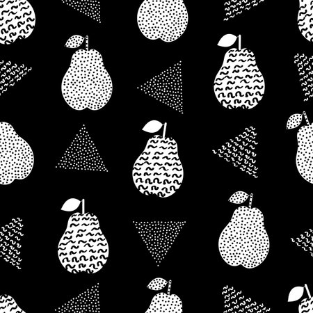 Seamless pattern with creative white pears and triangles on the black background. Vector...