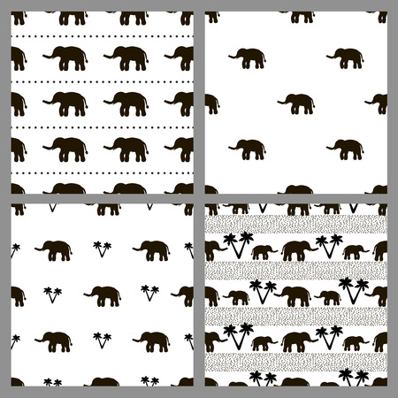 Set of the seamless patterns with elephants. Vector illustrationのイラスト素材