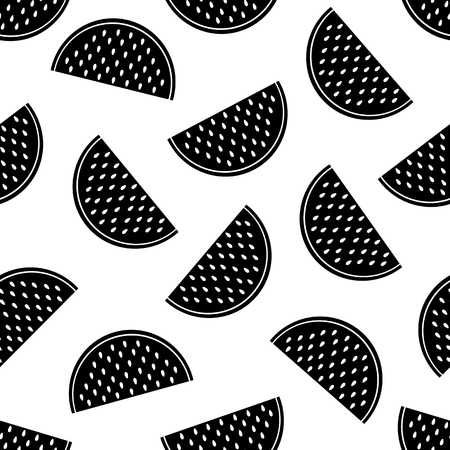 Seamless pattern with black watermelon slices on the white background. Vector illustrationのイラスト素材