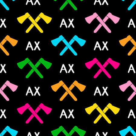 Seamless pattern with colorful axs on the black background, white words ax. Vector illustrationのイラスト素材