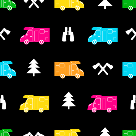 Seamless pattern with colorful car, ax ,fir-tree and binoculars on the black background.のイラスト素材
