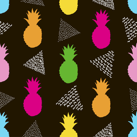 Seamless pattern with colorful pineapples and white triangles on the black background.のイラスト素材