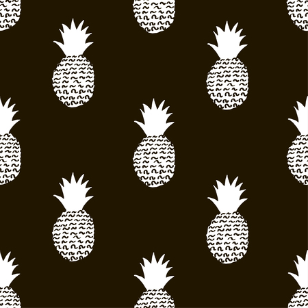 Seamless pattern with creative white pineapples on the black background.のイラスト素材