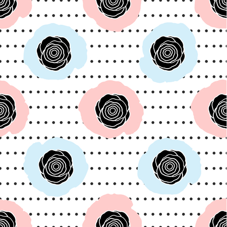 Seamless pattern with black roses and colorful dots on the white background. Vector illustrationのイラスト素材