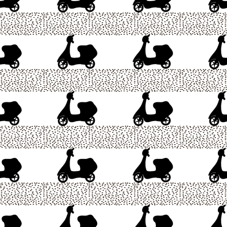 Seamless pattern with black mopeds on the white background. Vector illustrationのイラスト素材
