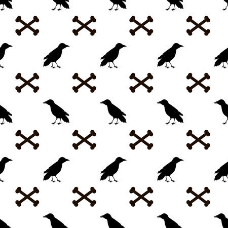 Seamless pattern with black ravens and bones on the white background . Vector illustrationのイラスト素材