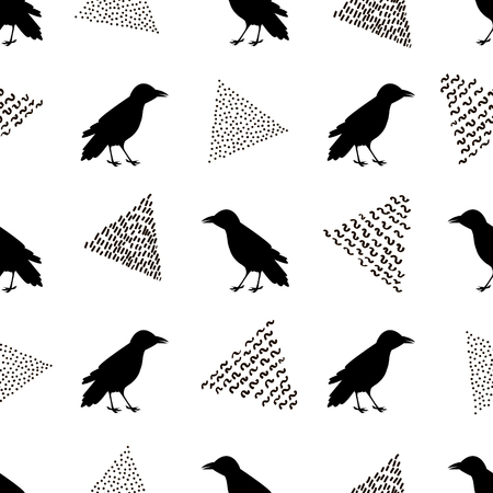 Seamless pattern with black ravens and triangles on the white background . Vector illustrationのイラスト素材