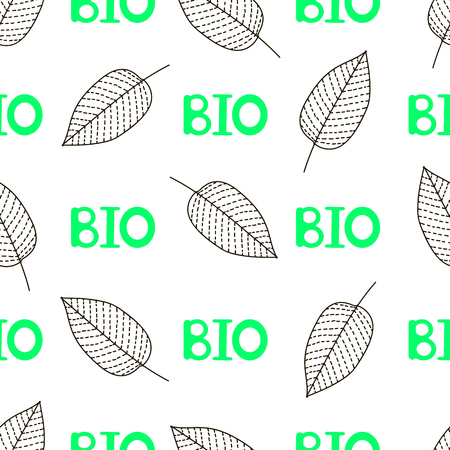 Seamless pattern with leaves and words Bio. Vector illustrationのイラスト素材