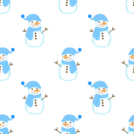 Seamless pattern with cute snowman on the white background. Vector illustrationのイラスト素材