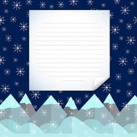 Background with snowflakes and mountains. Letter template. Vector illustrationのイラスト素材