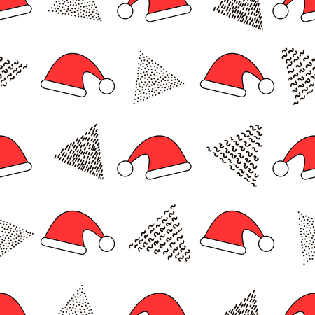 Seamless pattern with red hat and black triangles on the white background. Vector illustrationのイラスト素材