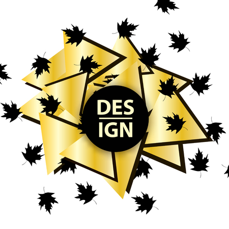 Autumn background with black maple leaves and gold geometric figures. Vector illustrationのイラスト素材