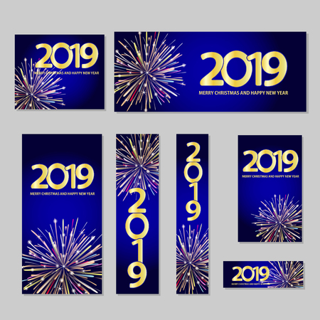 Web banners set with firework, inscription 2019 Merry Christmas and Happy new year. Vector illustrationのイラスト素材