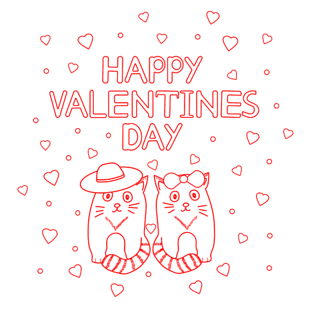 Happy Valentines Day - card with cute cats and hearts. Vector illustrationのイラスト素材