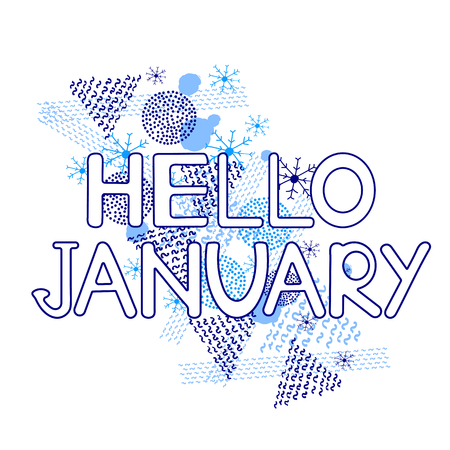 Vektor für Hello January, blue geometric figures and snowflakes on the white background.  Vector illustration - Lizenzfreies Bild