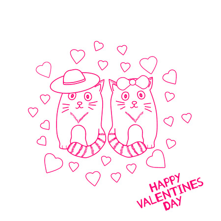Happy Valentines Day - card with cute cats and hearts. Vector illustrationのイラスト素材