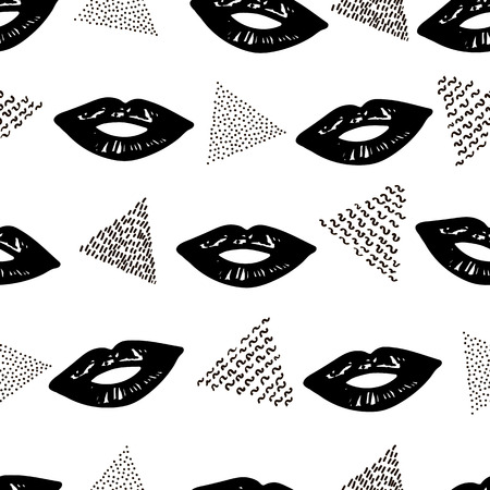 Seamless pattern with black lips and triangles. Vector illustrationのイラスト素材