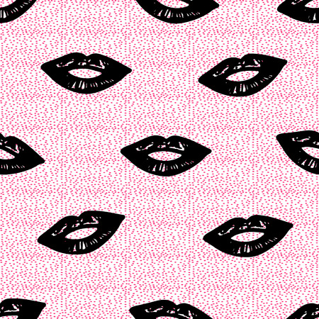 Seamless pattern with black lips and pink dots. Vector illustrationのイラスト素材