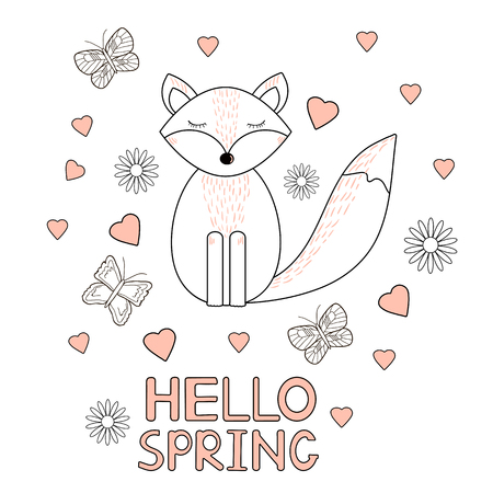 Hello spring card, fox, hearts, butterflies and flowers. Vector illustration.のイラスト素材