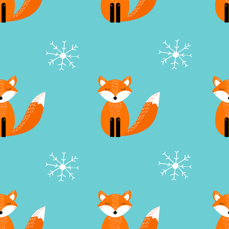 Seamless pattern with cute fox,  snowflakes. Vector illustrationのイラスト素材