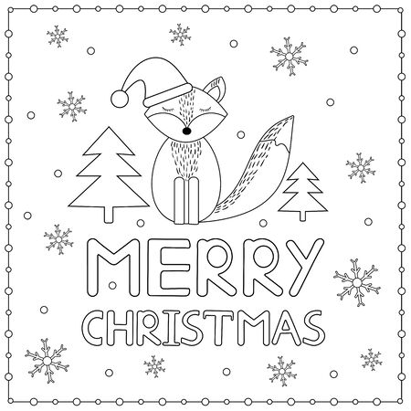 Merry Christmas. Card with snowflakes and fox. Coloring page. Vector illustration.のイラスト素材