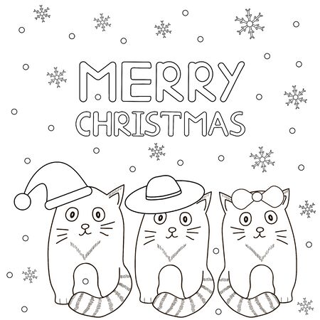 Merry Christmas. Card with snowflakes and cats. Coloring page. Vector illustration.のイラスト素材