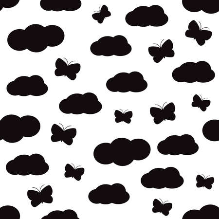 Seamless pattern with butterflies and clouds. Black and white. Vector illustration.のイラスト素材