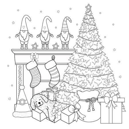 Christmas coloring page. Winter holiday coloring card. Vector illustration.のイラスト素材