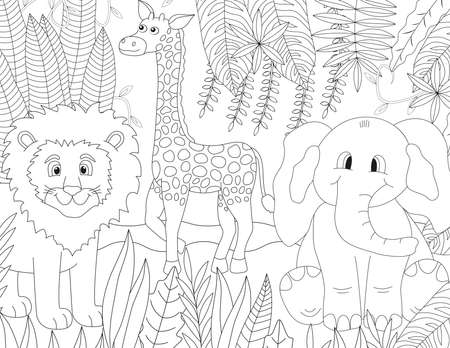Wild animals coloring book page. Cute lion, giraffe, and elephant in the jungle. vector illustration.のイラスト素材