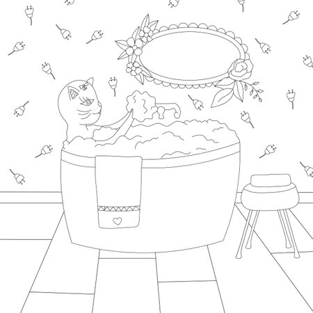 Cat in bathtub with foam and bubbles black and white coloring page vector illustrationのイラスト素材