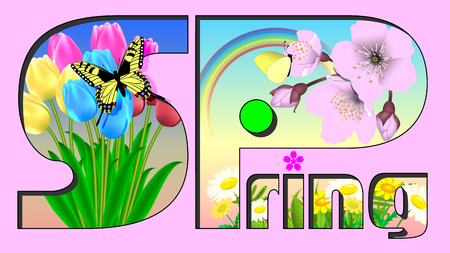 I made a beautiful Japanese spring landscape (Sakura, tulip and butterfly) wallpaper.の写真素材
