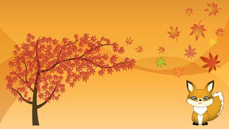 Illustrations for landscape (16:9) inspired by wallpaper autumn of fox and maple tree and fallen leaves.のイラスト素材