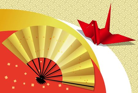Folding fan and crane origami postcard 05のイラスト素材