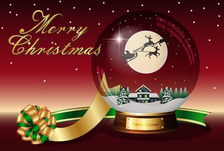 A Christmas Card with Santa Flying in the Snow Globe.の写真素材