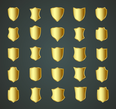Golden shield design set with various shapes. のイラスト素材