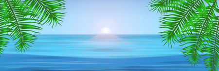 View of tropical sea between the palm trees under blue sky. Vector illustration for your banner. EPS 10のイラスト素材