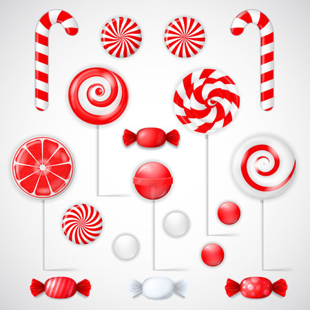 Vector set with different red and white candies and lollipops.  のイラスト素材