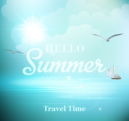 Summer sunny day with views of the sea with seagulls and a sailboat.  のイラスト素材