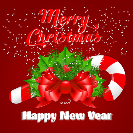 Christmas candy cane with holly and red bow. Vector illustrationのイラスト素材