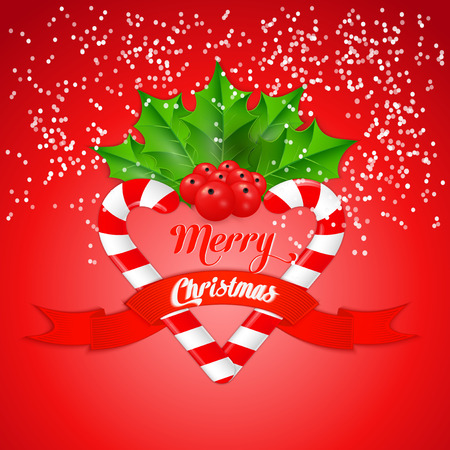 Christmas candy cane with holly and red ribbon. Vector illustrationのイラスト素材