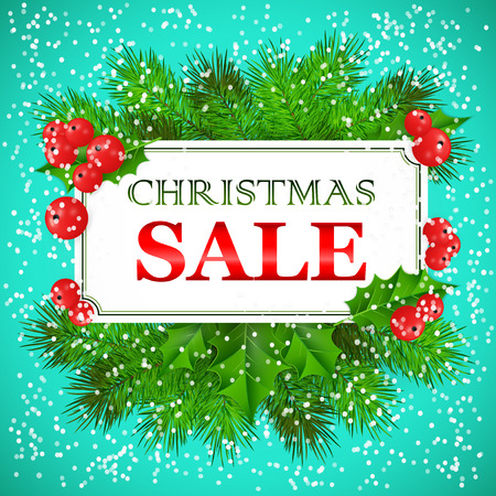 Christmas Sale Card design with holly and fir branches.のイラスト素材