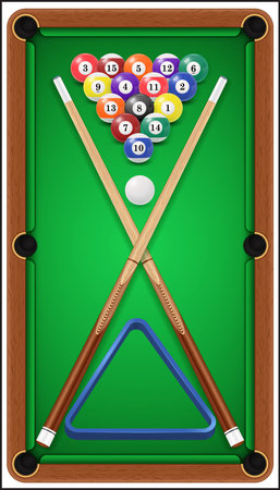 Billiard set. Billard balls, cue and billiard triangle in a pool table. のイラスト素材