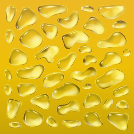 Realistic drops of a rain on a yellow background in the form of glass. Abstract set. Vector illustration.のイラスト素材