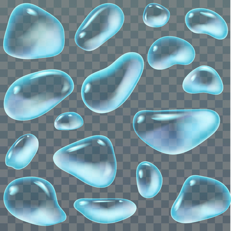 Set of transparent water drops of different forms with a shades of blue green and square pattern at the back.のイラスト素材
