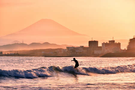 Sunset Fuji and Surfer Silhouetteの写真素材