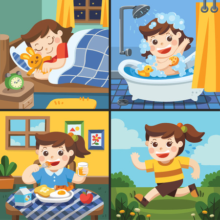 Illustration of The daily routine of a cute girl. [sleep, take a bath, eat, running]のイラスト素材