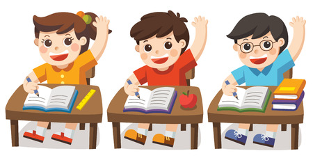 Children sitting at school desk and hand up to answer. Pupil raising hand in class.のイラスト素材